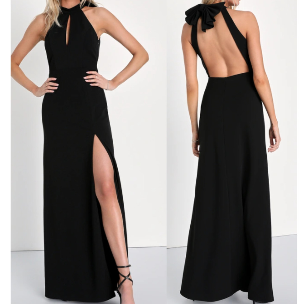 LULU'S XS Black Striking Elegance Bow Backless Sleeveless Halter Dress b44 *flaw